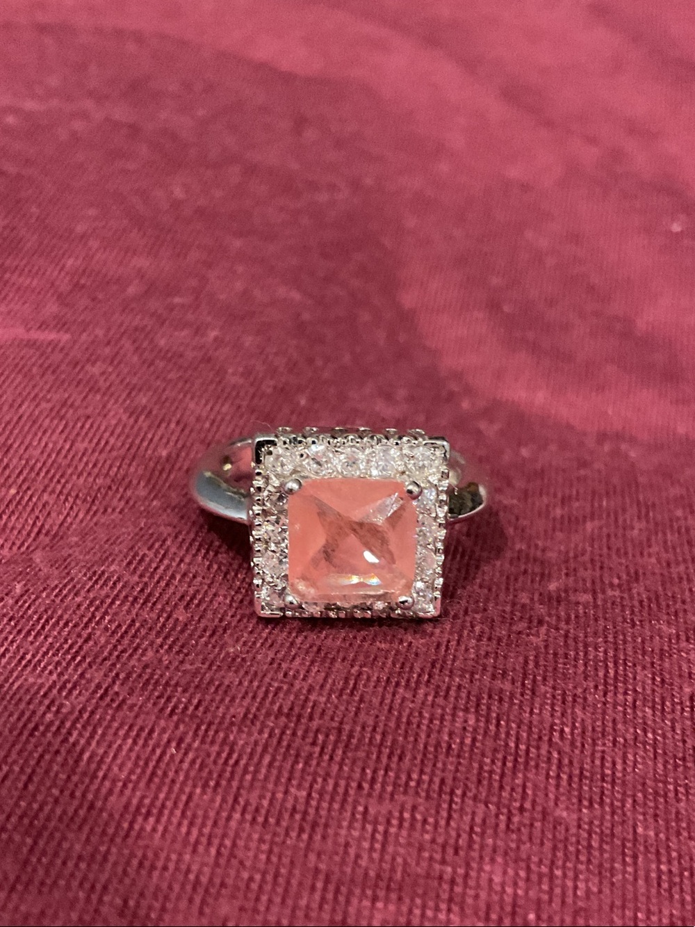 Sterling silver square ring Morganite and cubic zirconia